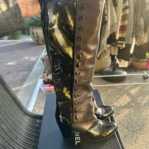 CHANEL Glossy Black Patent Leather and Lambskin leather all black Boots